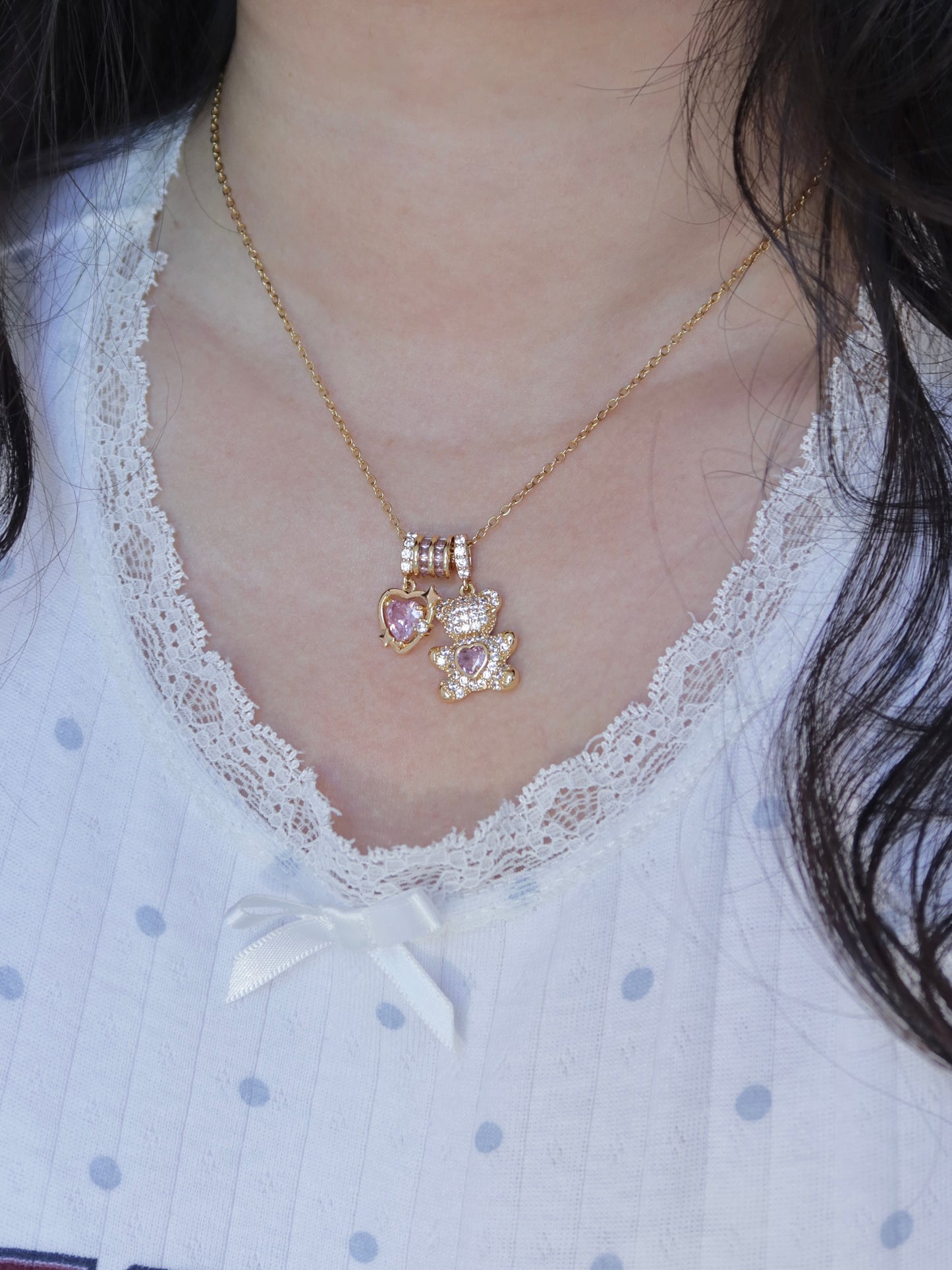 Pink Crystal Heart Bear Necklace