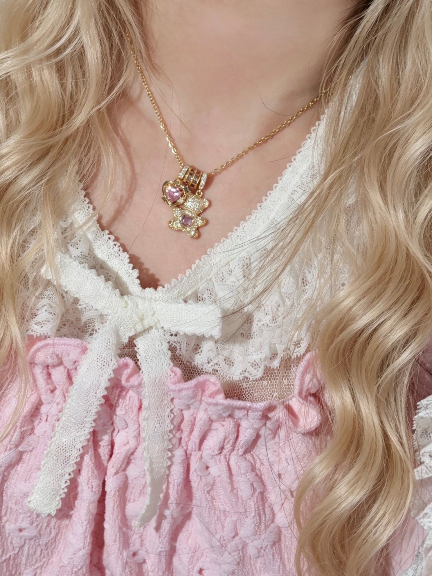 Pink Crystal Teddy Bear Necklace