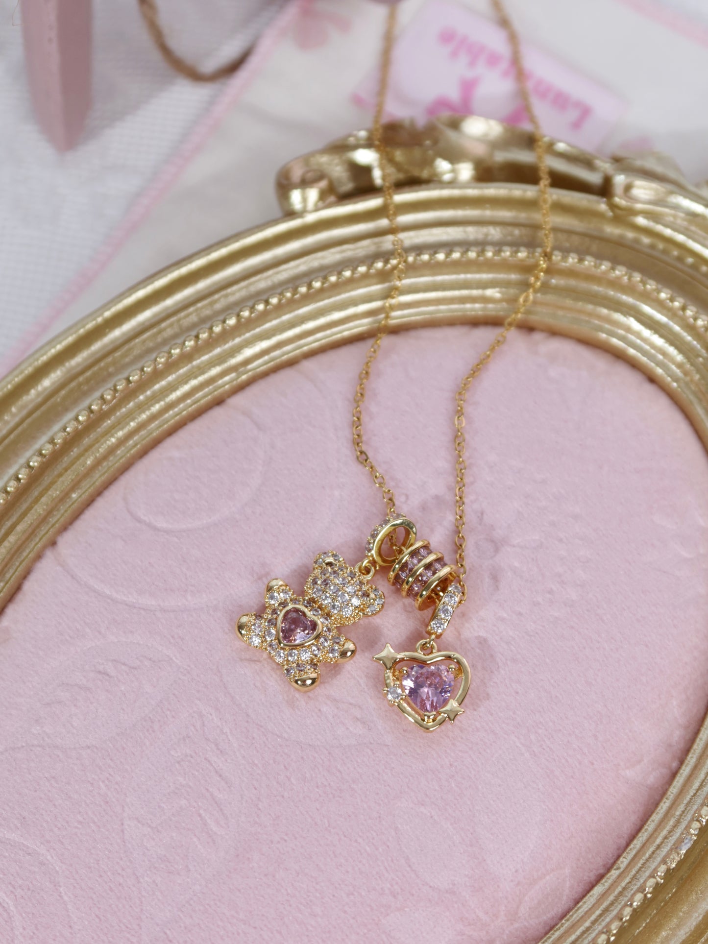Pink Crystal Heart Bear Necklace