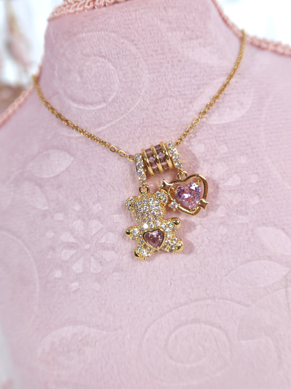 Pink Crystal Teddy Bear Necklace
