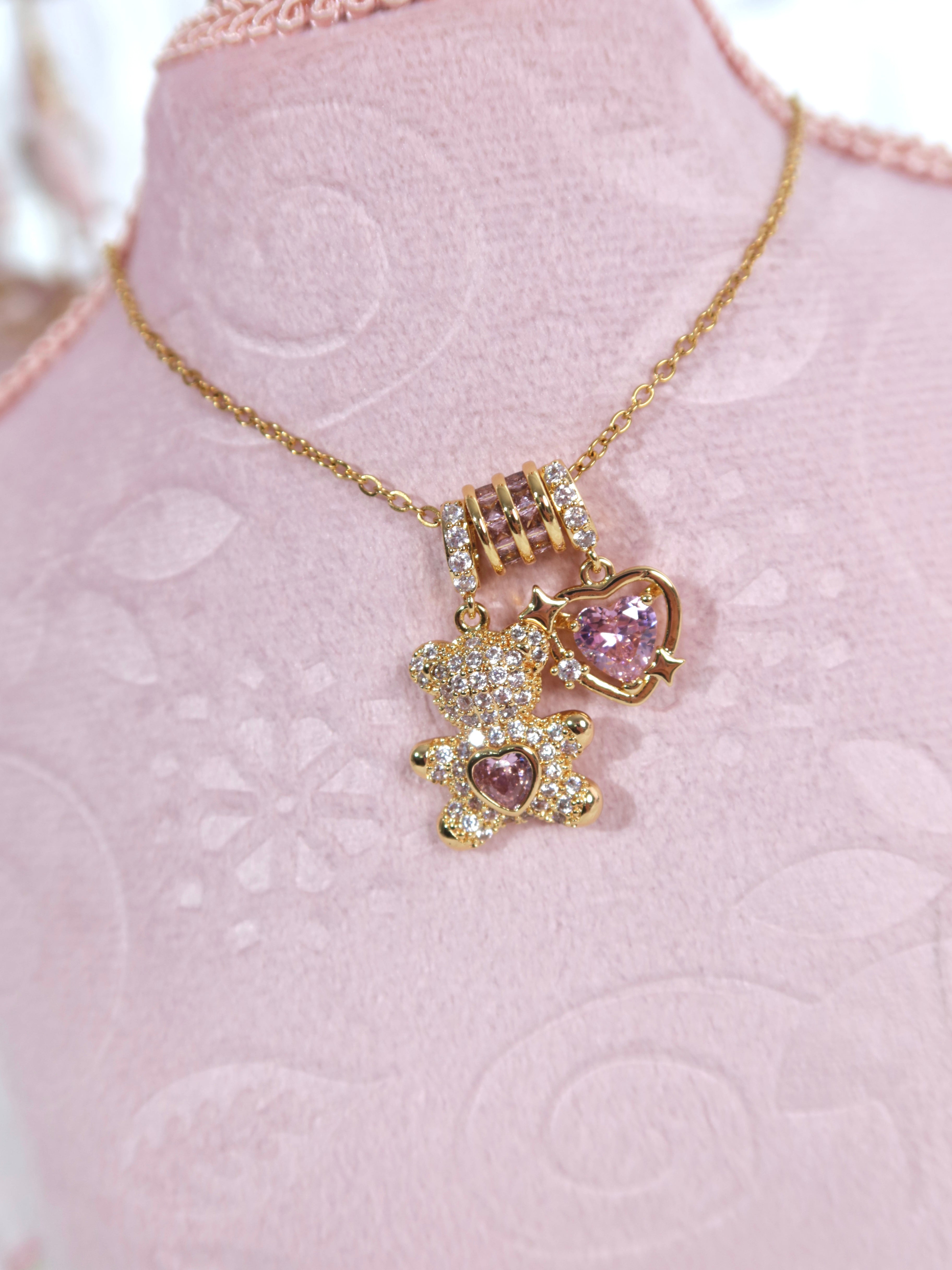 Pink Crystal Teddy Bear Necklace