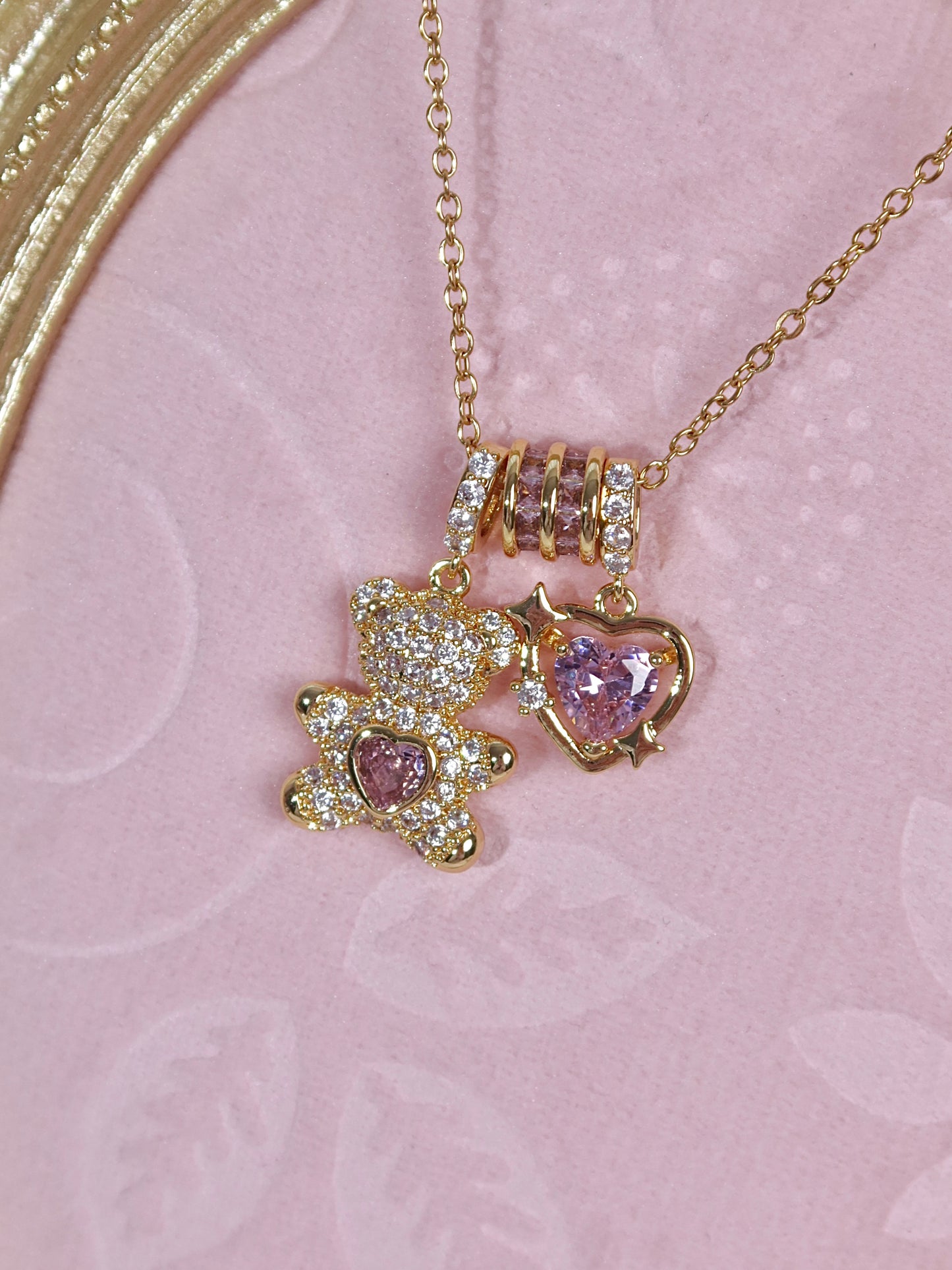 Pink Crystal Heart Bear Necklace