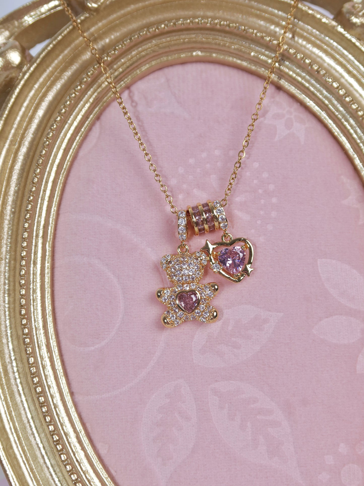 Pink Crystal Heart Bear Necklace