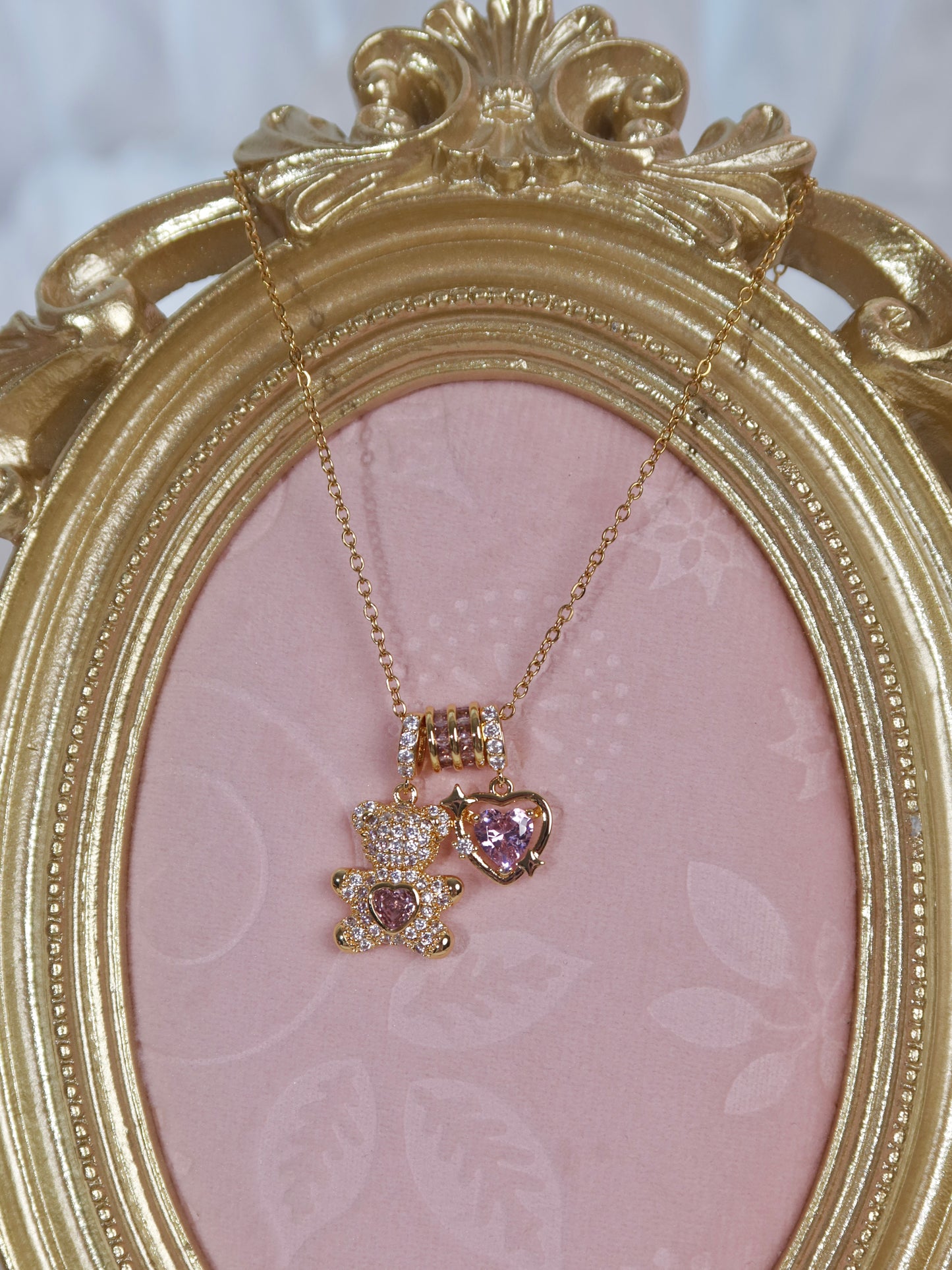 Pink Crystal Heart Bear Necklace