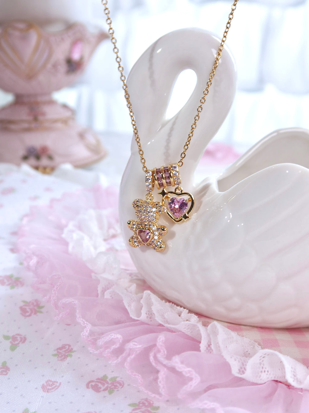 Pink Crystal Teddy Bear Necklace