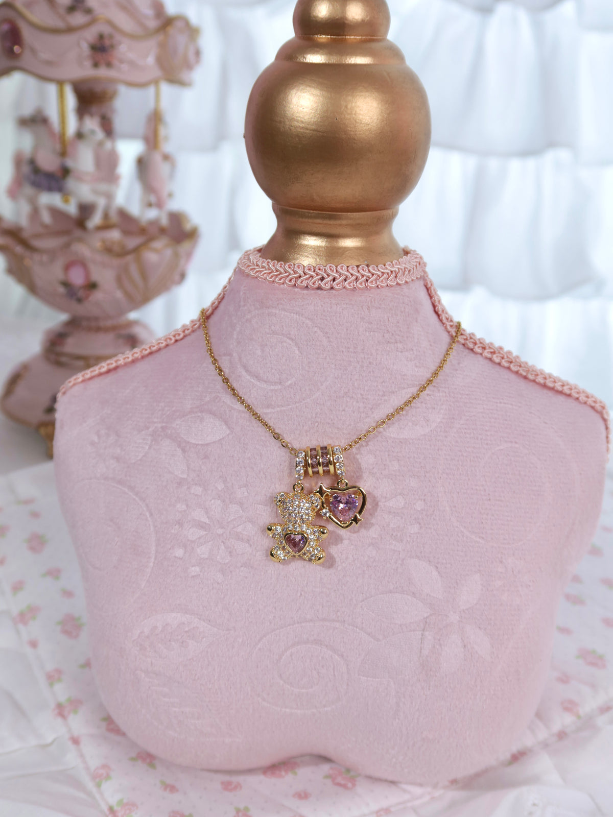 Pink Crystal Teddy Bear Necklace